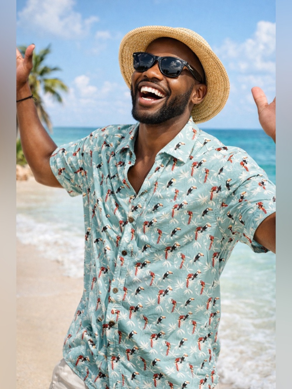 Caribbean Roundtree Yorke Hawaiian Shirt Men XL AOP Parrots Toucans Rayon TC0235